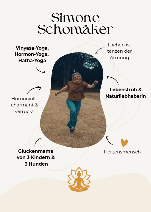 Unsere Kursleiter:innen Infokachel: Simone Schomäker, Yogalehrerin für Vinyasa-, Hormon- und Hatha-Yoga